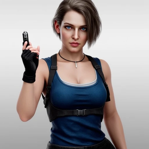 JillValentine, Jill Valentine,Jill Valentine \(Resident Evil Death Island\), 1girl, solo, breasts, short hair, blue eyes, blonde hair, large breasts, gloves, holding, cleavage, jewelry, medium breasts, weapon, black gloves, belt, fingerless gloves, necklace, holding weapon, lips, gun, tank top, holding gun, handgun, realistic, shoulder holster, blue tank top, jill valentine