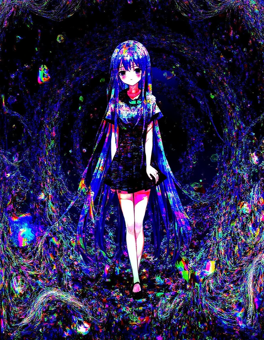 A digital landscape where a lone anime character stands amidst a sea of glitching, neon lights, their figure fragmented and distorted by cascading pixels. The background is filled with swirling colors and chaotic noise, creating a disorienting and surreal environment. The character's expression is one of calm amidst the digital storm, embodying the chaos and beauty of the breakcore style, breakcore anime <lora:ishin_breakcore_anime_v1_flux:1.2>