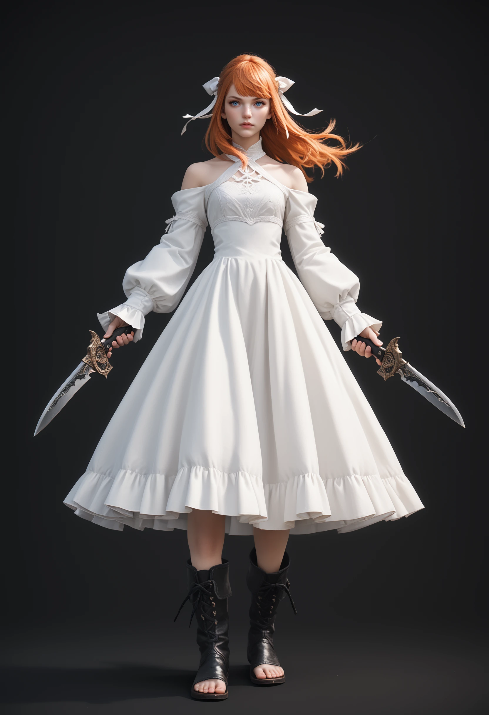 hyur, solo, 1girl, blue eyes, dress, black background, long hair, holding, dual wielding, white dress, simple background, weapon, ribbon, full body, holding weapon, bangs, looking at viewer, hair ribbon, toeless footwear, long sleeves, boots, knife, orange hair, bare shoulders, puffy long sleeves, holding knife, puffy sleeves, black footwear, swept bangs, final fantasy xiv, fantasy, PonyXLV6_Scores