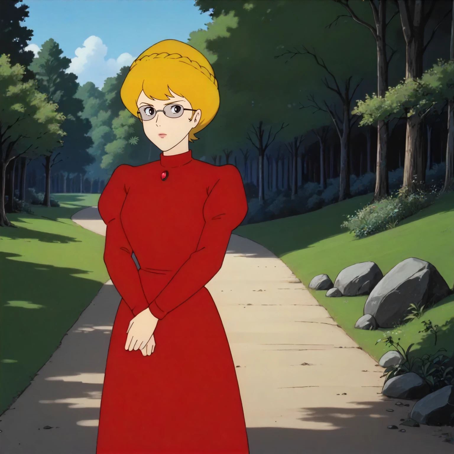 <lora:TCoC_FujikoMineXLpony001>,
outdoors,nature,
solo,
FujikoMine,1girl,blonde hair,french_braid,short hair,black eyes,eyewear,
red dress,long_sleeves,
standing,