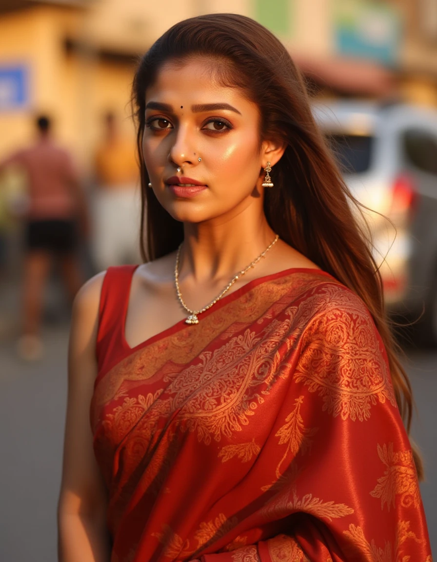 xnayan as a woman in a poised stance on a city street during the golden hour, when the sunlight softens and enriches the colors around her. She wears silk saree, featuring intricate paisley patterns in a palette of burnt red, orange, and touches of gold.  Her makeup is classic, with a bold pink lip, and her expression is one of serene confidence.  The indian city life blurs in the background. This image captures a moment of elegance amidst the vibrancy of urban life. a mole above her lips, <lora:xnayan_lora:1>