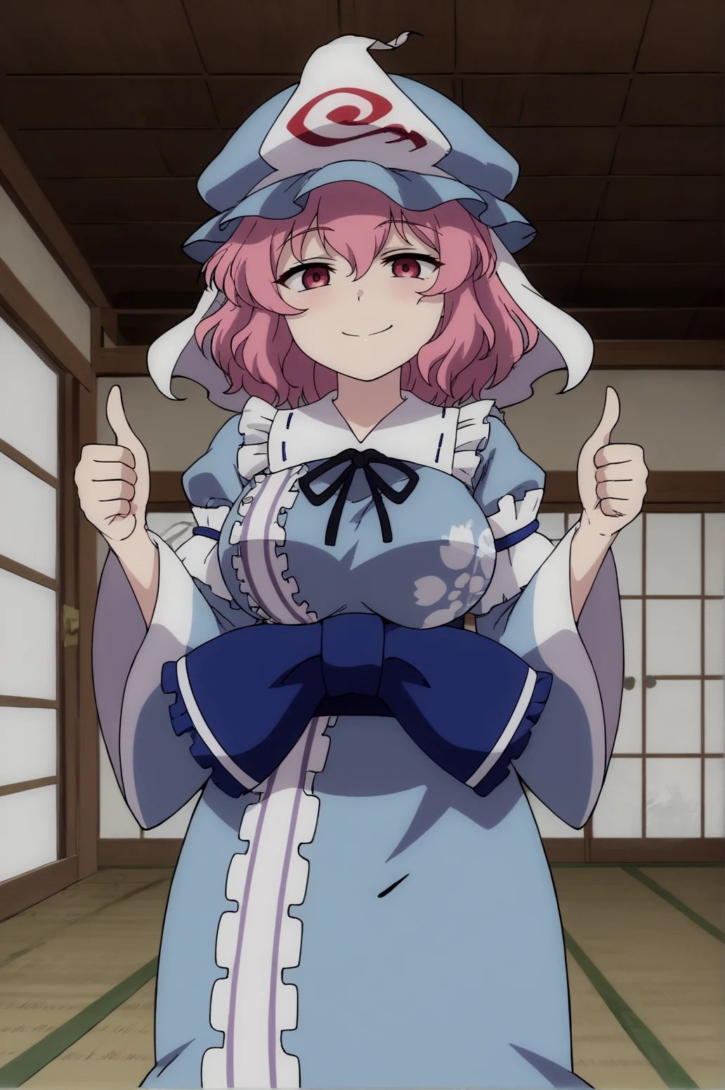 score_9, score_8_up, score_7_up,anime_source, source_anime, best background, detailed background, anime screencap,  Yuyuko, blue kimono, hat, japanese clothes, kimono, long sleeves, mob cap, seductive smile, solo, triangular headpiece, wide sleeves, horny face, naughty face, dynamic camera, dynamic angle, thumbs up,  indoors, <lora:JN_Yuyuko_Saigyouji:0.8>