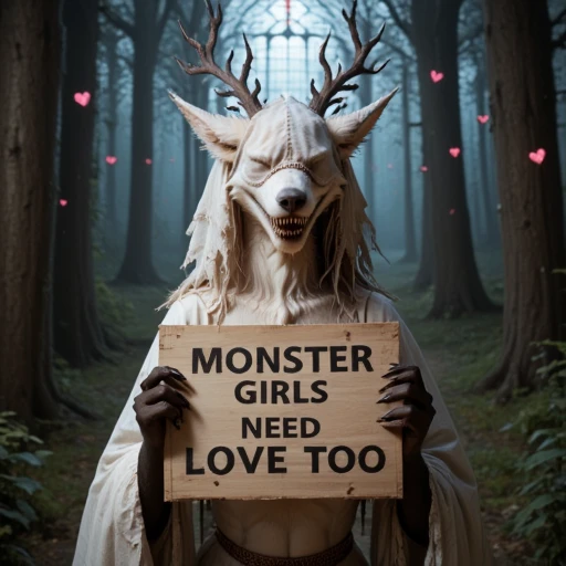 Monster girl vicamelia standing in a forest holding a sign that says "monster girls need love too". There are hearts floating around her and she is grinning.