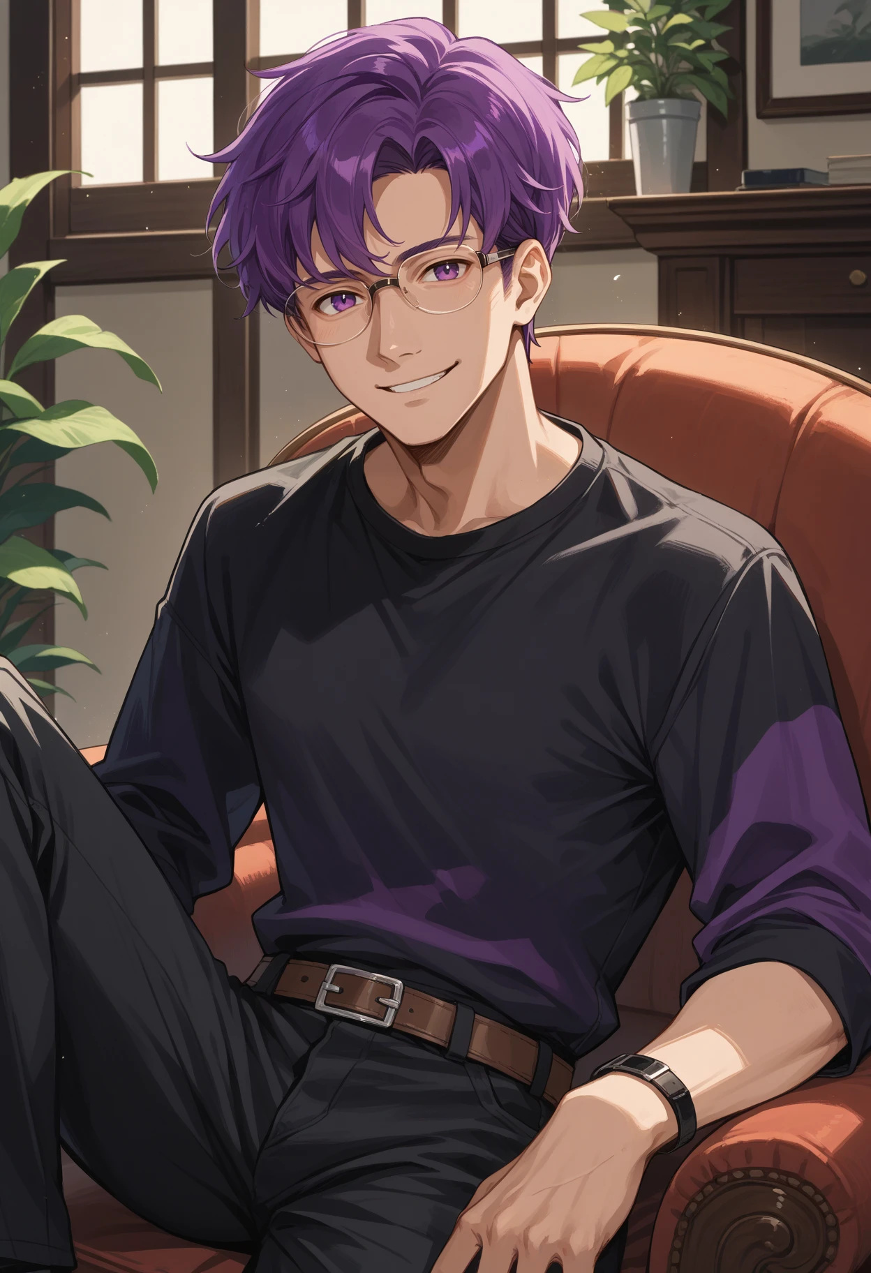 score_9, score_8_up,  score_7_up, mlcns, 1boy, black shirt, black pants, purple eyes, purple hair, monocle,    closed smile, looking at viewer,   <lora:Canas-pdxl:1>,  bangs, glasses,