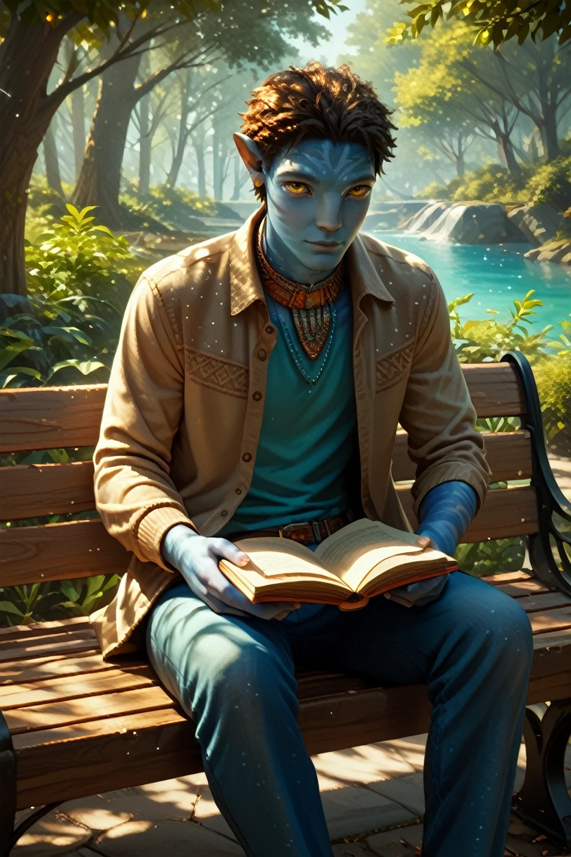 score_9, score_8_up, score_7_up, score_6_up
<lora:AvNeteyam:1.0>
AvNeteyam, 1boy, brown hair, blue skin, yellow eyes, looking at viewer, sitting on a bench in a tranquil park, wearing casual clothes, reading a book, dappled sunlight filtering through the trees, peaceful and relaxed vibe