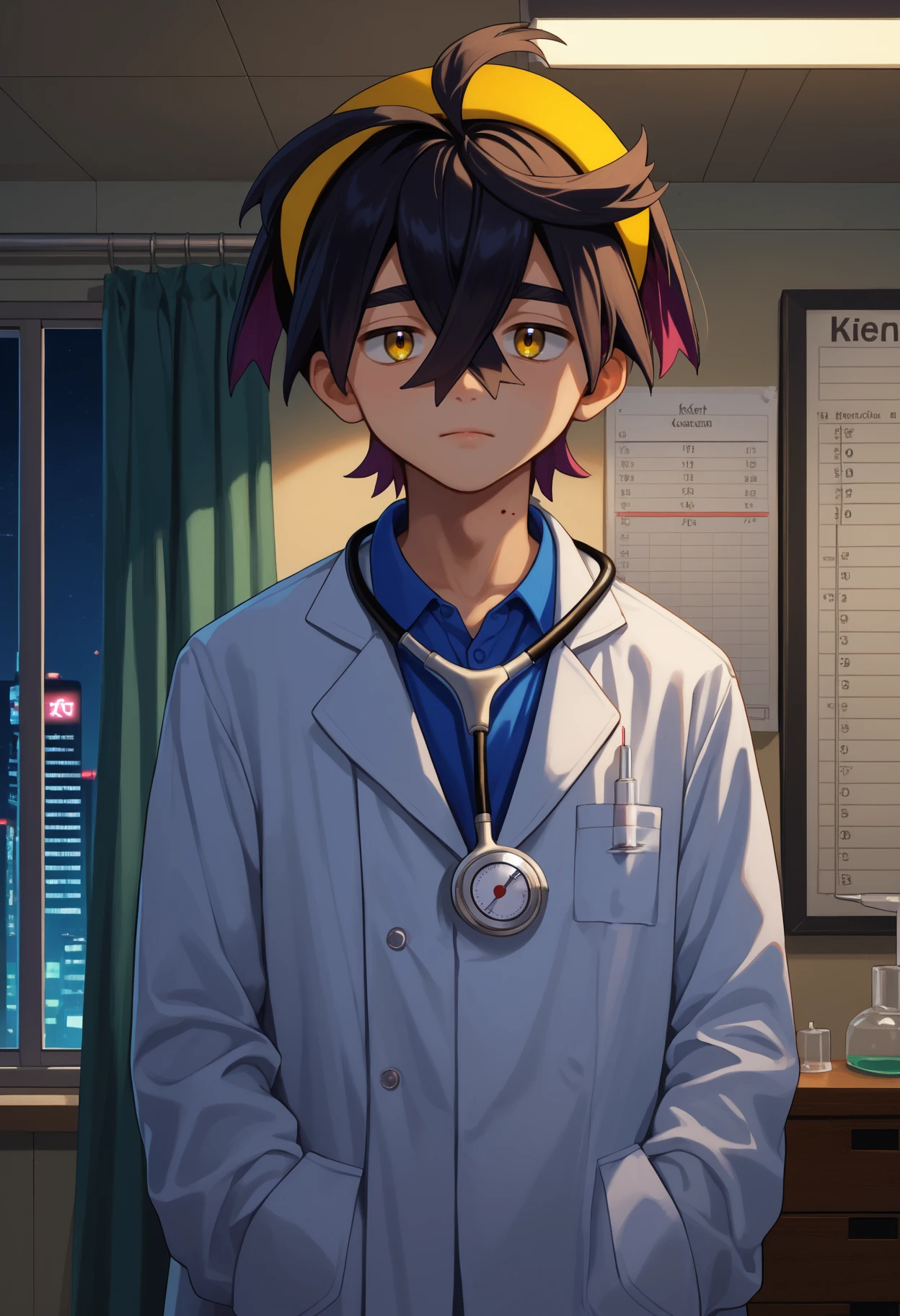 score_9, score_8_up,score_7_up, source_anime, 1boy, solo, kieran, male focus, short hair, yellow eyes, mole on neck, yellow hairband,
stethoscope, white coat, medical chart, syringe, hospital setting,
arousing sensual apartment indoors, living room, window, cityscape, night, neon lights, dark room,
<lora:krn_pdxl_EliPot_V8:1>