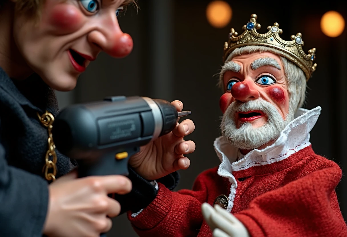 a torture scene, a creepy doll holding a power drill is threatening a shrunken frail old white bearded crowned king doll with the drill. The miniscule king is scared and covered in blood having been drilled into several times already including his left eye which is now a bloody hole. The doll is twice his size