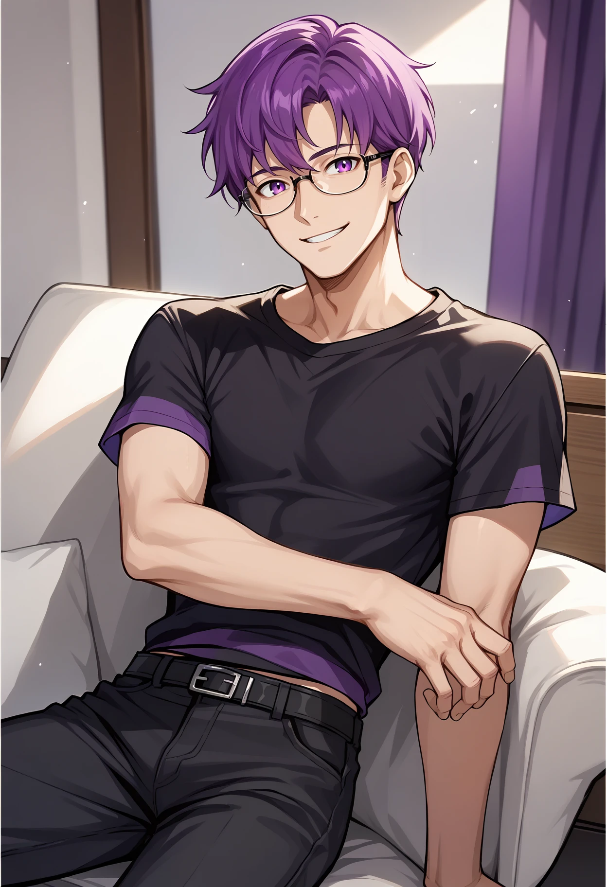 score_9,   score_7_up, mlcns, 1boy, black shirt, black pants, purple eyes, purple hair, monocle,    closed smile, looking at viewer,   <lora:Canas-pdxl:1>,  bangs, glasses,