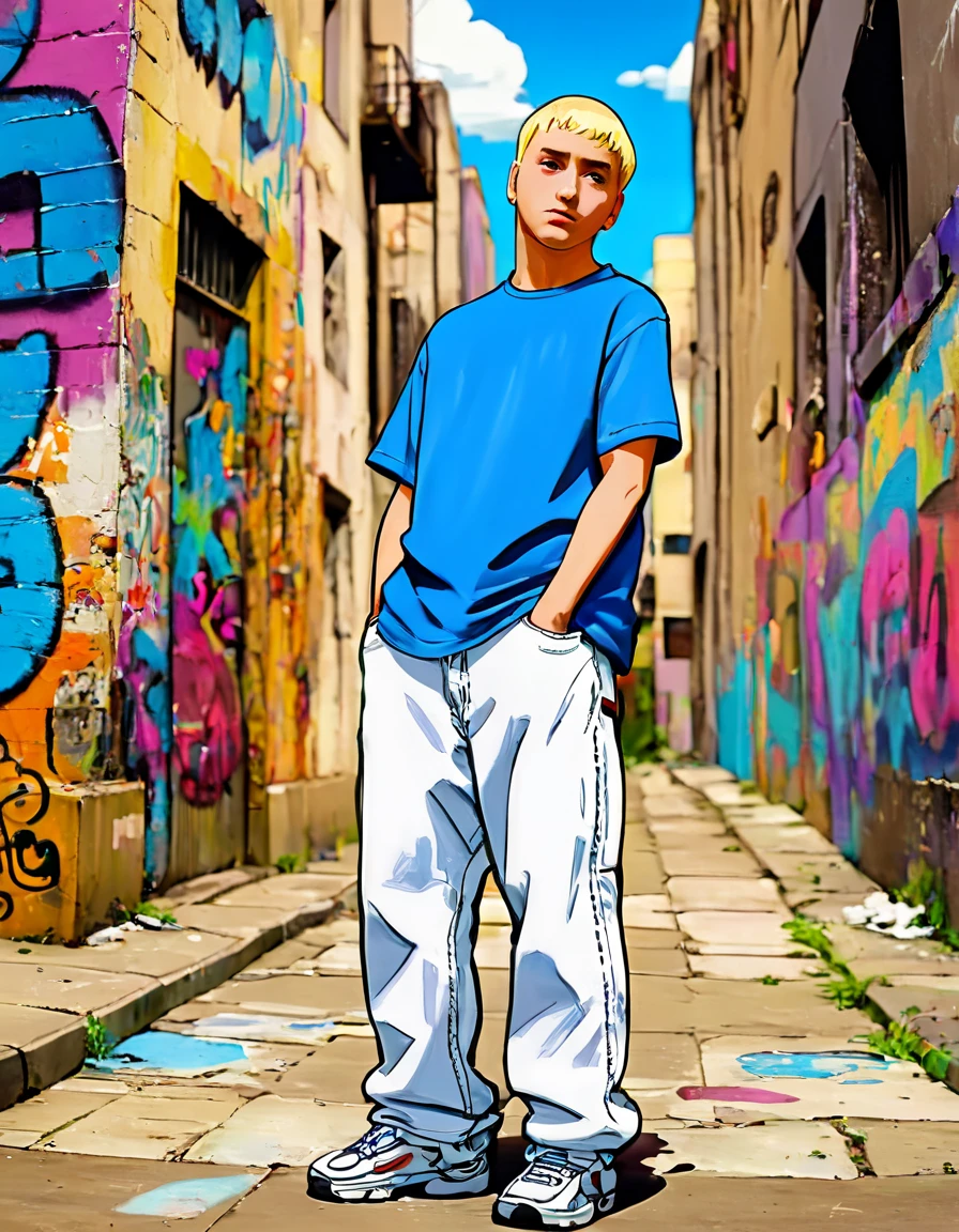 Sl1mSh4dySDXL, 2D character, blue eyes, short bleached blonde hair, small silver hoop earrings, wearing a white t-shirt and baggy blue jeans, standing on a city street with graffiti-covered walls, thick black outlines, vibrant colors, in the style of Studio Ghibli, Sl1mSh4dySDXL, 2D character, blue eyes, short bleached blonde hair, small silver hoop earrings, wearing a white t-shirt and baggy blue jeans, standing on a city street with graffiti-covered walls, thick black outlines, vibrant colors, in the style of Studio Ghibli, cinematic, highly detailed, sharp focus