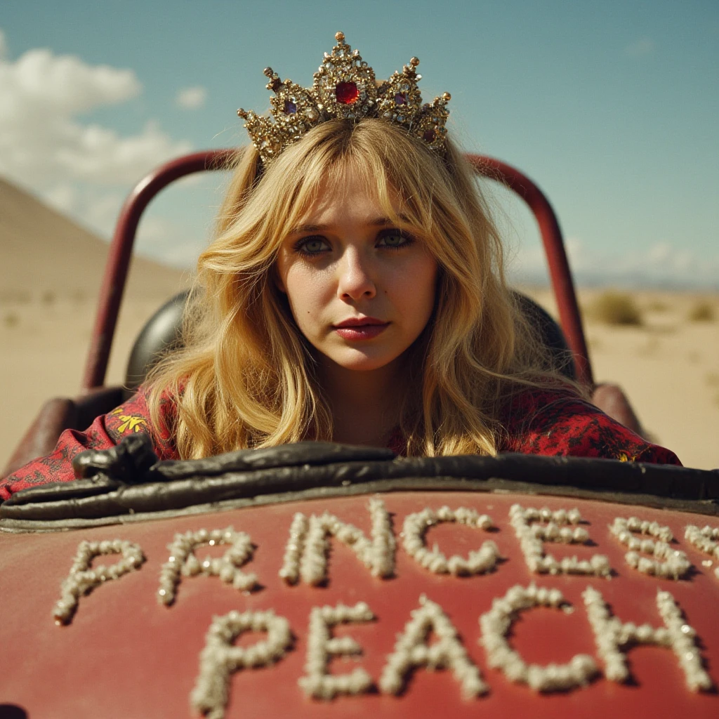 Detailed, masterpiece, professional, bold colors, awe inspiring, photography inspired by Jeremy Mann, 30mm shot, action scene, HDR, Princess Peach racing in dune buggy, realistic, gritty, cinematic, dystopian, realistic skin texture, real life,, "PRINCESS PEACH" writen on hood of car, bejeweled writing, wearing road leathers, driving  <lora:Elizabeth_Olsen_2012_FLUX_epoch_46:1.0>