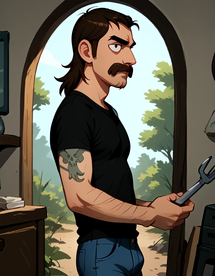 <lora:Mel_Sumouski_-__Clarence:0.85> 1boy, brown hair, mullet, arm tattoo, body hair, black shirt, short sleeves, horseshoe moustache, facial hair, black eyes, blue jeans, hole in pants, portrait, looking at viewer, looking to the side, side viewer, profile view, source_cartoon, score_9, score_8_up, score_7_up,