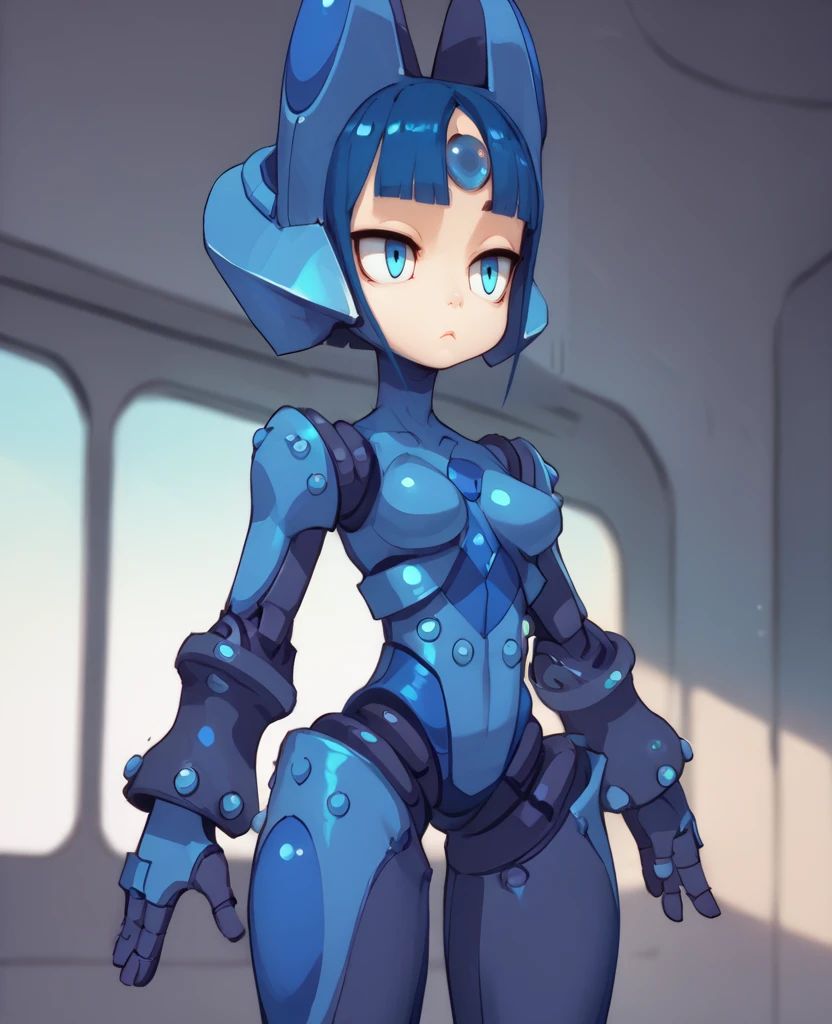 score_9, score_8_up, score_7_up, score_6_up, MechaGirlXL, blue hair, blunt bangs,   robot joints,blue eyes,helmet, blue forehead gem,    standing, solo, expressionless ,  space station,indoors,  <lora:MechaGirlXL:1>