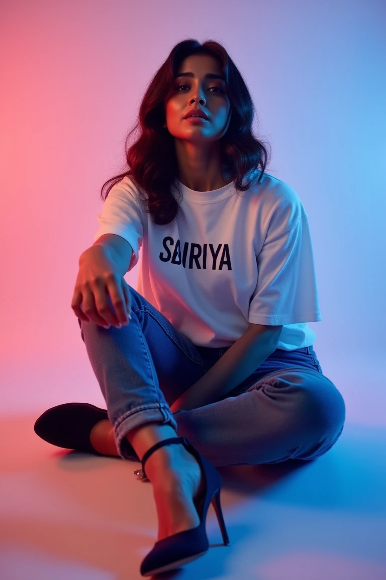 wide and low angle, cinematic, fashion photography. xshriya sitting on floor wearing a full size white t-shirt with big letters \"SHRiYA\" logo text, blue jeans, high heels and a gracious look on her face. The background is a color gradient, studio setting
 <lora:xshriya_lora:1>