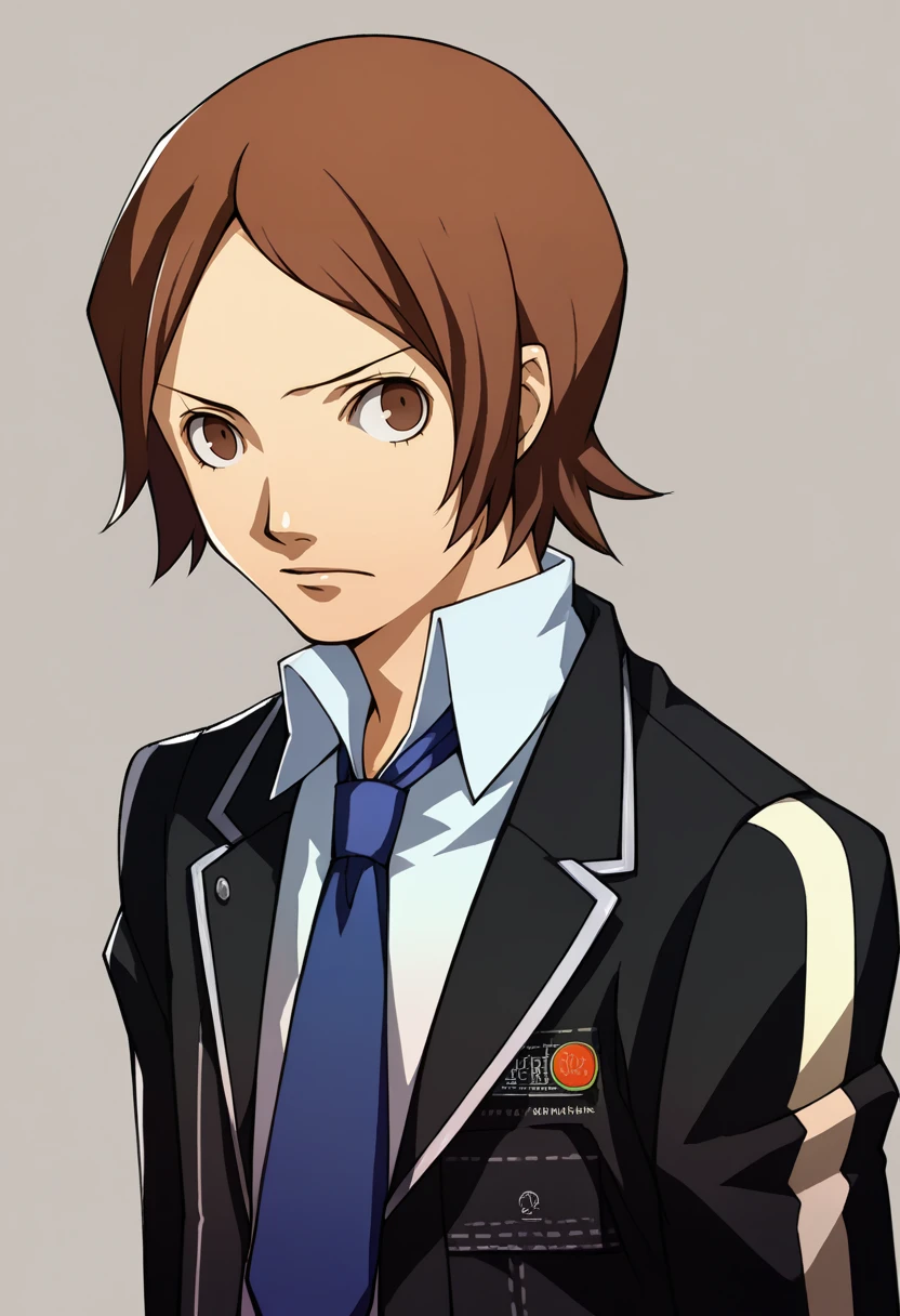 score_9, score_8_up, score_7_up, source_anime, BREAK, solo, 1boy, looking at viewer, <lora:Tatsuya-pdxl_Fp:1>, tatsuyais, brown hair, brown eyes, short hair, collared shirt, blue necktie, black jacket, black pants, belt,  <lora:P4-Portraits-pdxl_Fp:1>, simple background, portrait,