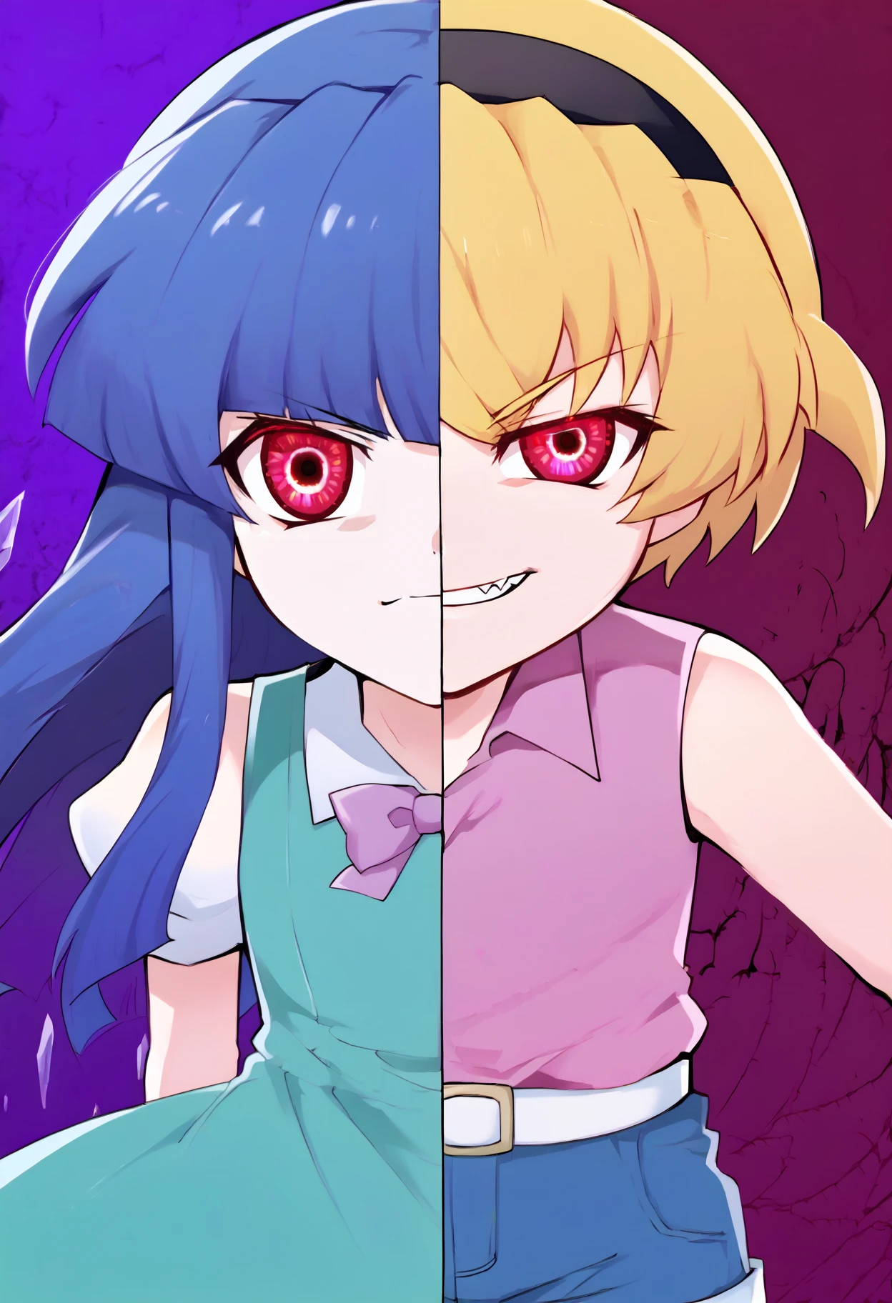 score_9, score_7_up, source_anime, uncensored, <lora:StS_PonyXL_Detail_Slider_v1.4_iteration_3:2> straight on, facing viewer, simple background, eye focus, <lora:Higurashi_Looper_Eyes_v1.1:1> looper eyes, red eyes, glowing eyes, symbol-shaped pupils, eye reflection, staring, glaring, white sclera, looking at viewer, (shaded face:0.8), <lora:Splitscreen_XLPD:1> SplitScreen, split screen, vertical line, upper body, 2girls,
<lora:Furude Rika:1> furude rika, blue hair, long hair, very long hair, green dress, white shirt, pink bow, suspenders, black skirt, light frown, purple background, crystal, 
<lora:Satoko:1> SatoCasual, blonde hair, hairband, pink shirt, white belt, denim shorts, sleeveless, smirk, evil grin, fang, red background, blood in background