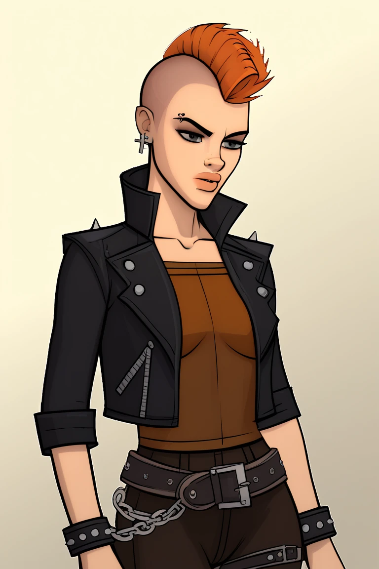 score_9, score_8, score_7, score_6,WHTStyle, WHTPunk, 1girl, upper body, portrait,
eyebrow piercing, mohawk, jewelry, leather bottomwear, hair, ring piercing, bracelet, jacket, topwear, , undercut, orange hair, shirt, thigh strap, cross-laced footwear, belt, black pants, ear ring, chain, leather