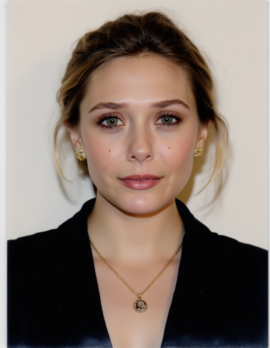 High quality passport photo of a woman wearing a suit and tie looking directly at the camera with her mouth closed and a neutral expression. She is also wearing a delicate gold chain and some understated diamond earrings.   <lora:Elizabeth Olsen 2012 FLUX_epoch_46:1>