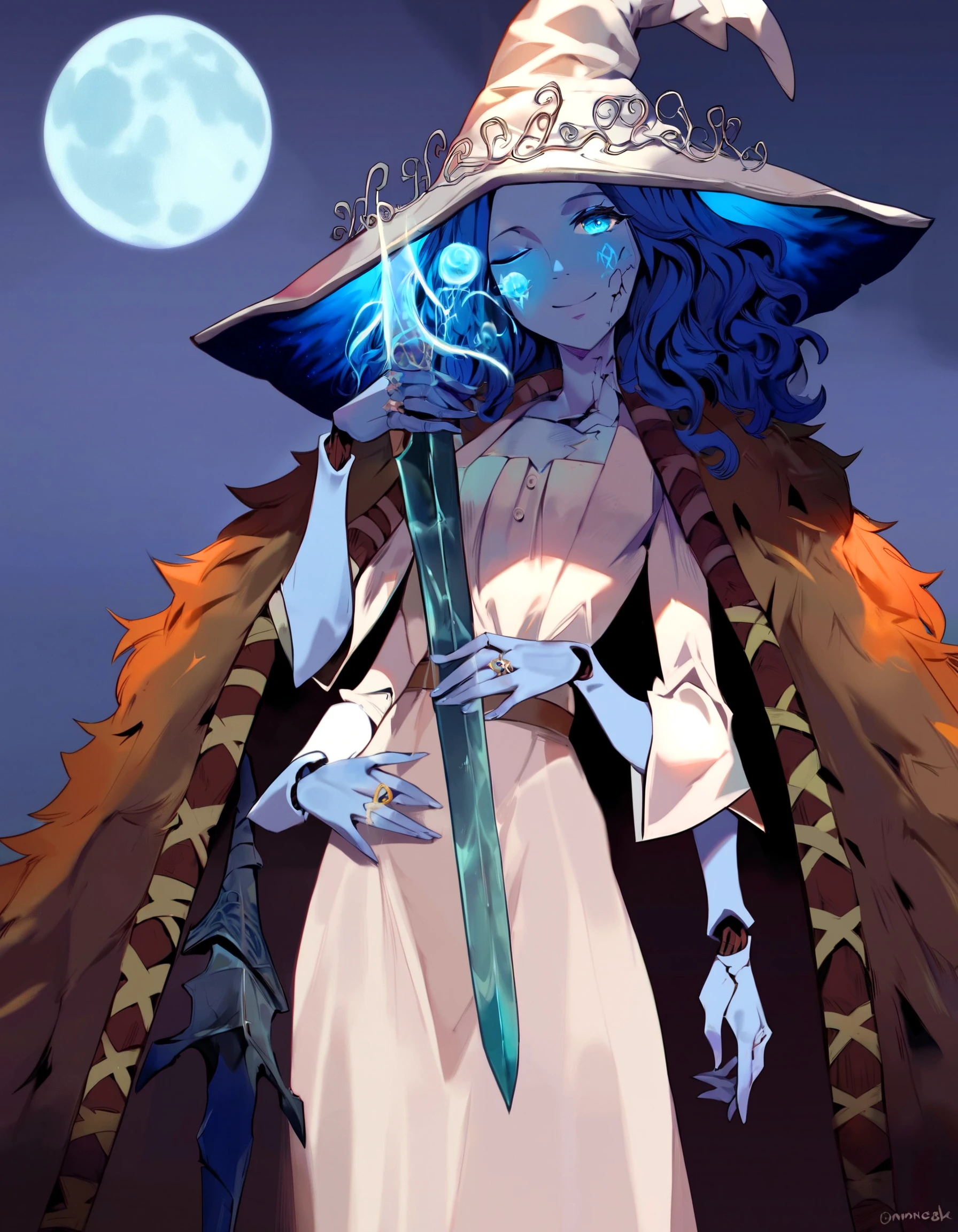 m1ne0h , lnp, 1girl, solo, long hair, looking at viewer, smile, blue eyes, hat, dress, holding, jewelry, closed mouth, blue hair, weapon, one eye closed, sword, holding weapon, white dress, witch hat, colored skin, white headwear, moon, ring, star (sky), cloak, full moon, blue skin, witch, joints, doll joints, extra arms, crack, cracked skin, greatsword, fur cloak, extra faces, ranni the witch