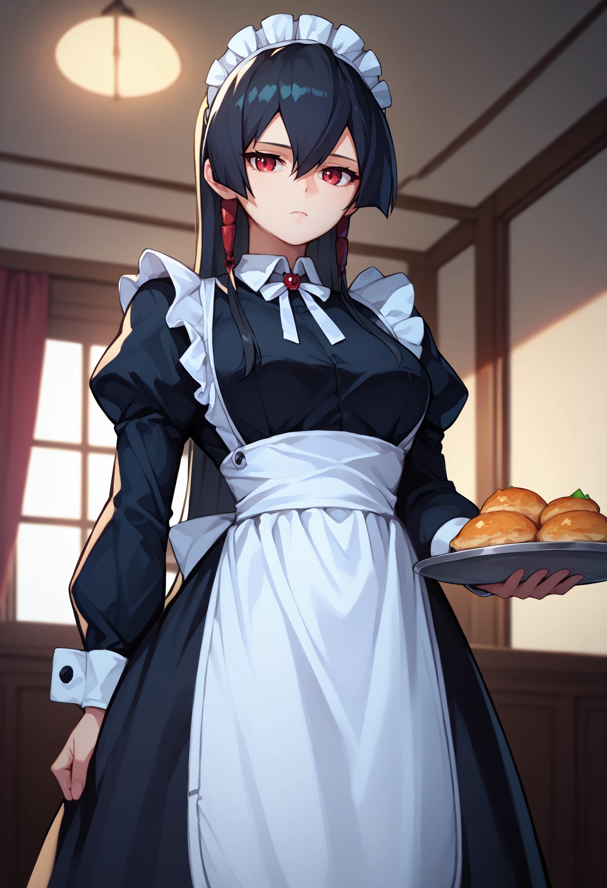 score_9, score_8_up, score_7_up, solo, 1girl, agkakame, expressionless, looking at you, standing, holding tray, maid headdress, maid, black dress, puffy long sleeves, maid apron, white apron, indoors
<segment:yolo-face_yolov8m.pt,0.4,0.5>