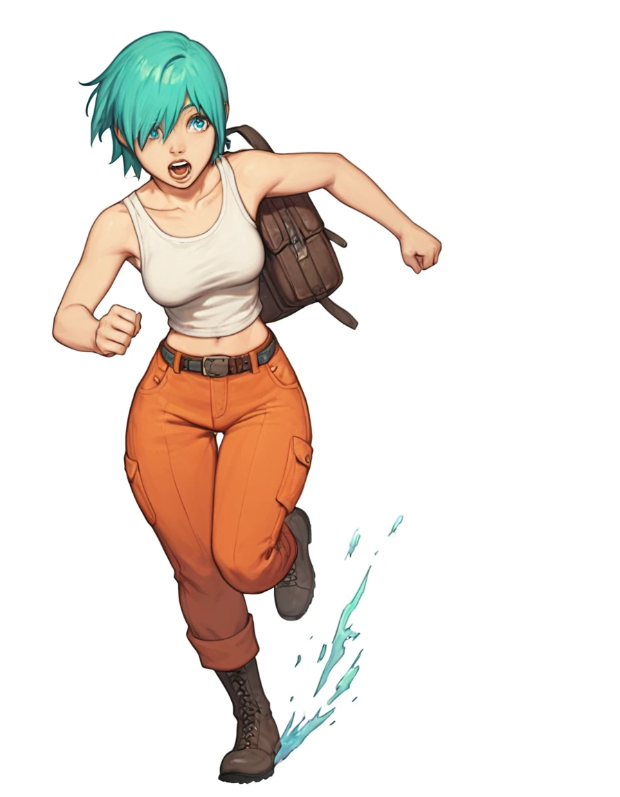 score_9, score_8_up, score_7_up, rating_safe  1girl, solo,zPDXL, detailed eyes,   source_cartoon ,(female:1.2),  <lora:lindaÂ³:1> linda, running, hair over one eye, mouth open,, short hair, solo, aqua hair, aqua eyes, fullbody, breasts, hips, thighs, boots, orange pants, white tank topâââ