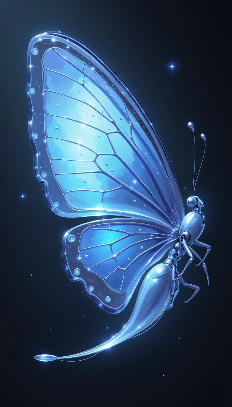 digital art, surrealism, iridescent snowflake, translucent monarch butterfly wing, sentient robot, blue-toned moonlight, delicate details, intricate patterns, metallic textures, first dream, floating, stillness, calm, softly lit, high contrast, detailed background, glowing accents, crisp, clean, vibrant, illustration, concept art, artstation, wallpaper, dramatic lighting, artbook, promo art, splash art