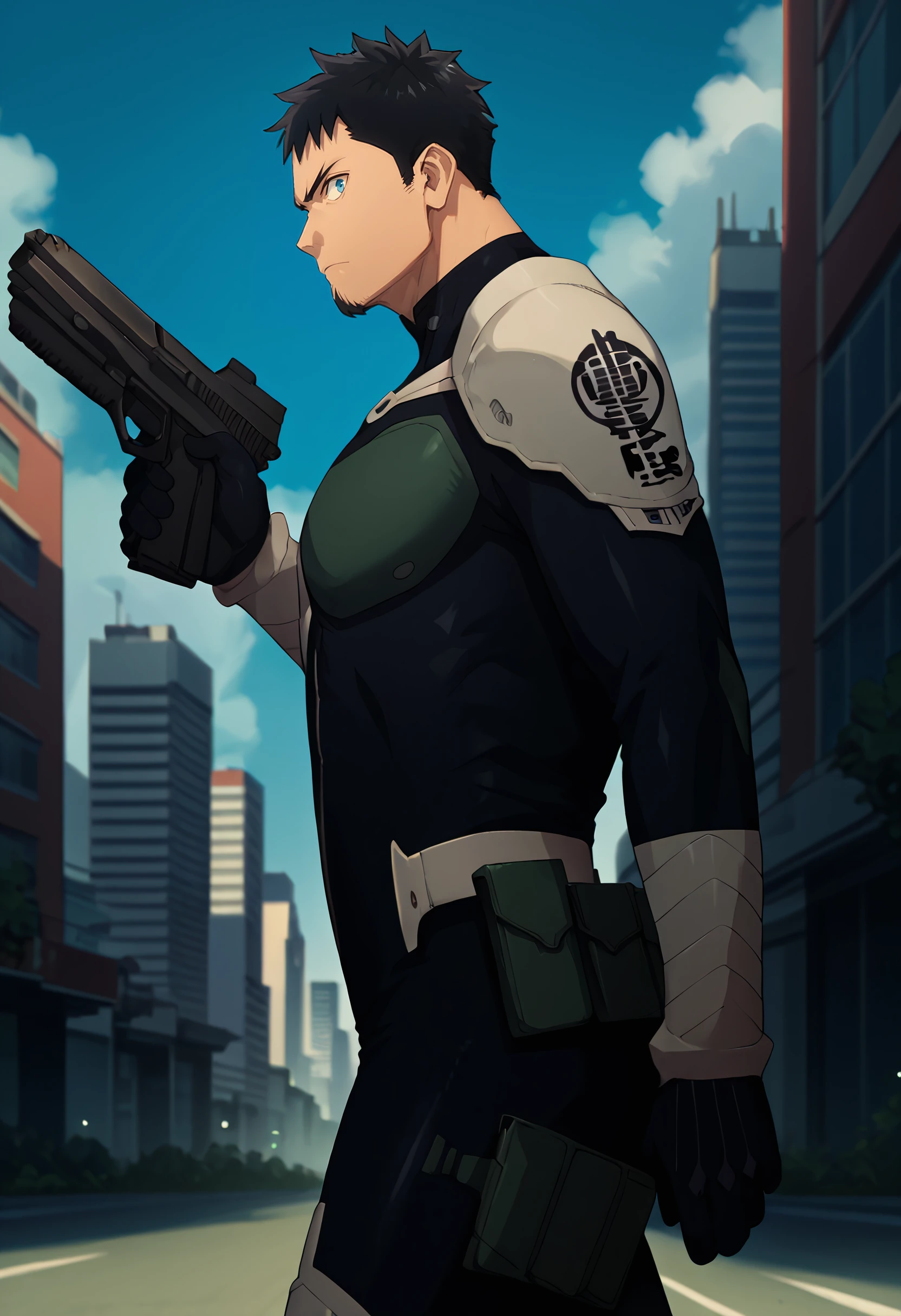 score_9, score_8_up, score_7_up, 1boy, solo, cowboy shot, looking at viewer, 
<lora:HibinoKafka_Dwnsty:1>, hibino kafka, black hair, blue eyes, mature male, bodysuit, armor, goatee, facial hair, 
holding weapon, gun, walking, serious, from side, 
outdoors, blue sky, city, skyscraper, city, street,