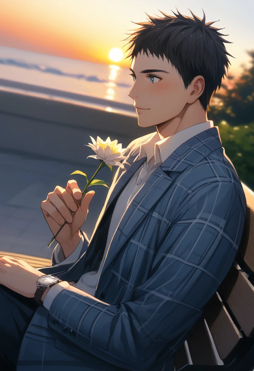 score_9, score_8_up, score_7_up, source_anime, rating_safe, sunset, holding flower, KasamatsuKB, (black Kasamatsu hair), blue Kasamatsu eyes,, 1boy, male focus, plaid polo jacket, silver wristwatch, soft smile, blush lines, sitting, looking at another, hands with five fingers, blurry outdoor sunset view, bench, solo focus, from side, dutch angle, realistic shading,