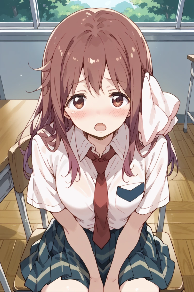 score_9, score_8_up, score_7_up, score_6_up,
<lora:Haruka_Takayama:1> haruka, 1girl, solo, necktie, long hair, school uniform, open mouth, sitting, blush, brown hair, looking at viewer, red necktie, brown eyes, chair, desk, wooden floor