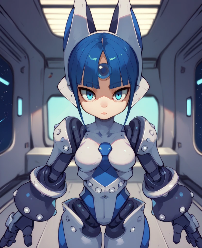 score_9, score_8_up, score_7_up, score_6_up, MechaGirlXL, blue hair, blunt bangs,   white armor,  robot joints,blue eyes,helmet,  forehead gem,   solo, expressionless ,  space station,indoors,   fighting stance,   <lora:MechaGirlXL:0.9>