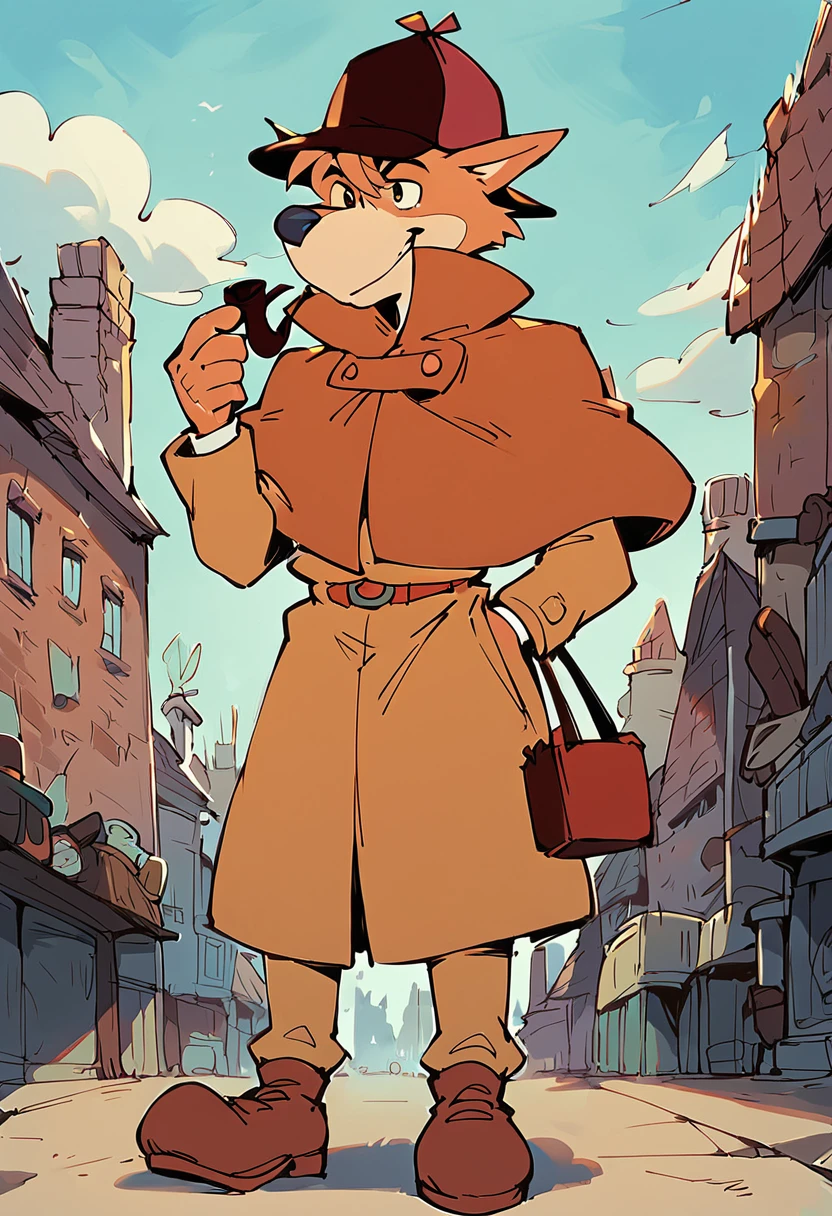 score_9, score_8_up, score_7_up, best quality, hires, male, sherlock hound, furry, hat, solo, amazing background, full body, smug, holding object, smoking pipe, <lora:Sherlock_Hound_Meitantei_Holmes:1>