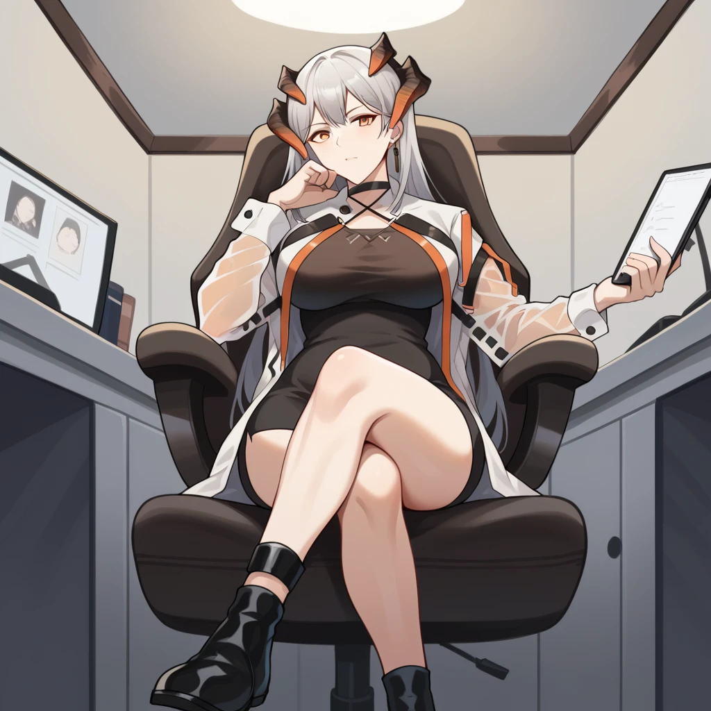 score_9_up, score_8_up, score_7_up, source_anime, masterpiece, best quality, 1girl, solo, Saria_Ark, Sar_Elite ceiling light, monitor, documents, sitting on office chair, crossed legs, black ankle boots, face focus, foreshortening, pensive, head rest, holding ipad, looking at ipad, dragon tail, dragon horns, white hair, orange eyes, saria_(arknights), long coat, open coat, see-through white coat, see-through sleeves, chest strap, x strap, black strap, black belt, orange strap, black choker, bodycon dress, criss-cross halter, short dress, black dress, wrist cuffs, long sleeves, earrings, mature body, dynamic cowboy shot, indoors, office laboratory background