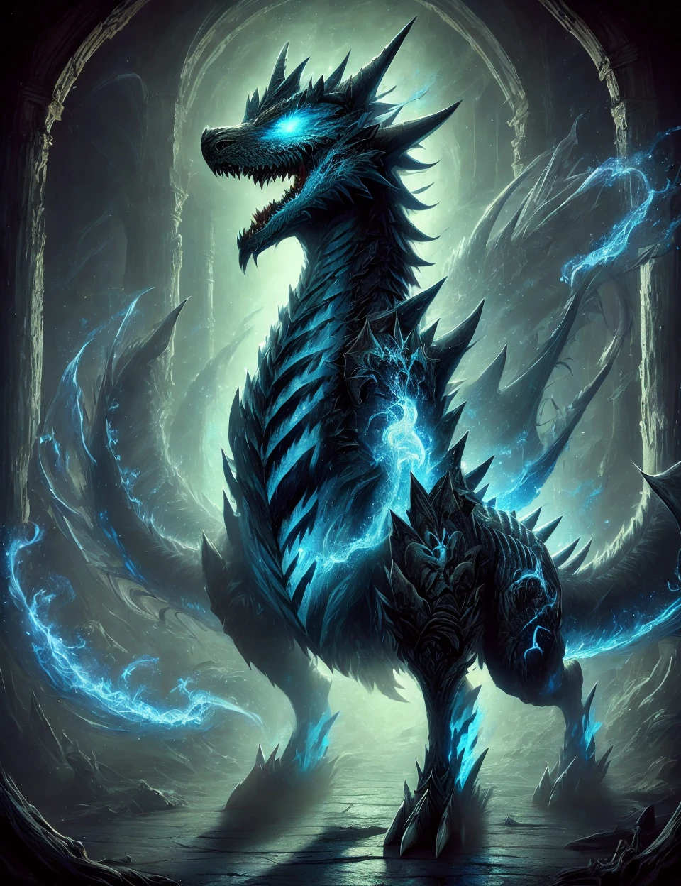 DonMN3cr0m4nc4rL41r, masterpiece, awesome quality, death, blue glow,a phosphorescent infernal earth arboreal  Stygian Zinogre wyvern, scales skin, bristles, multi-headed head, no legs hoofed legs,    bushy tails, , <lora:DonMN3cr0m4nc4rL41r:0.9>