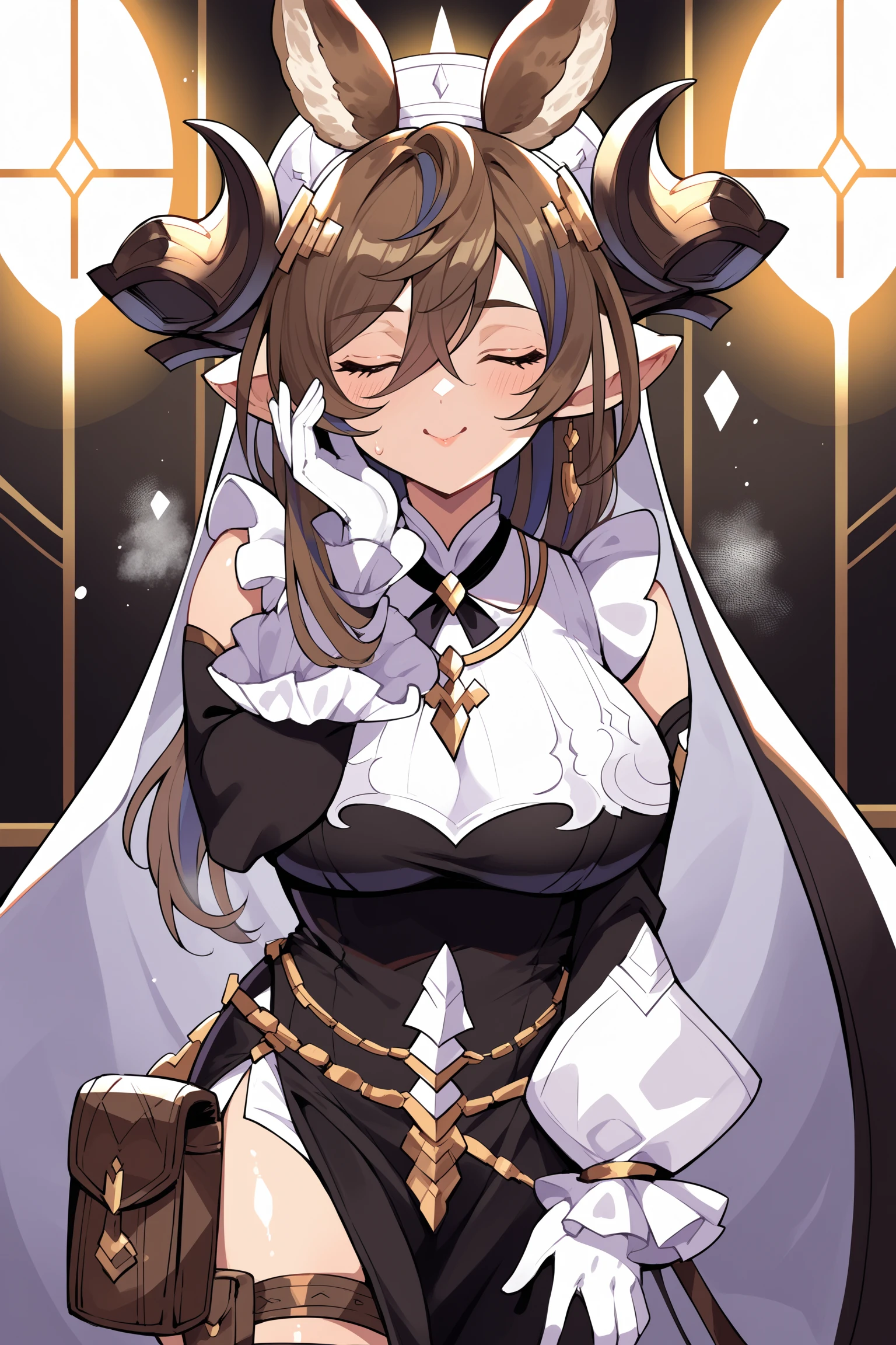 score_9, score_8_up, score_7_up, , rating_general ,1girl , multicolored hair, long hair, horn, animal ears, pointy ears, closed eyes, hair between eyes, habit, hair ornament, gold necklace, frills, gold trim, sleeveless dress, detached sleeves, white gloves, multiple belt, side slit, asymmetrical legwear, thigh pouch, thigh straps, indoors,  source_anime,  <lora:GalleonPDCAMEq2v1 GBF:1>, cowboy shot, abstract, spotlight, naughty face, alluring,  shiny skin, in heat, steaming body ,