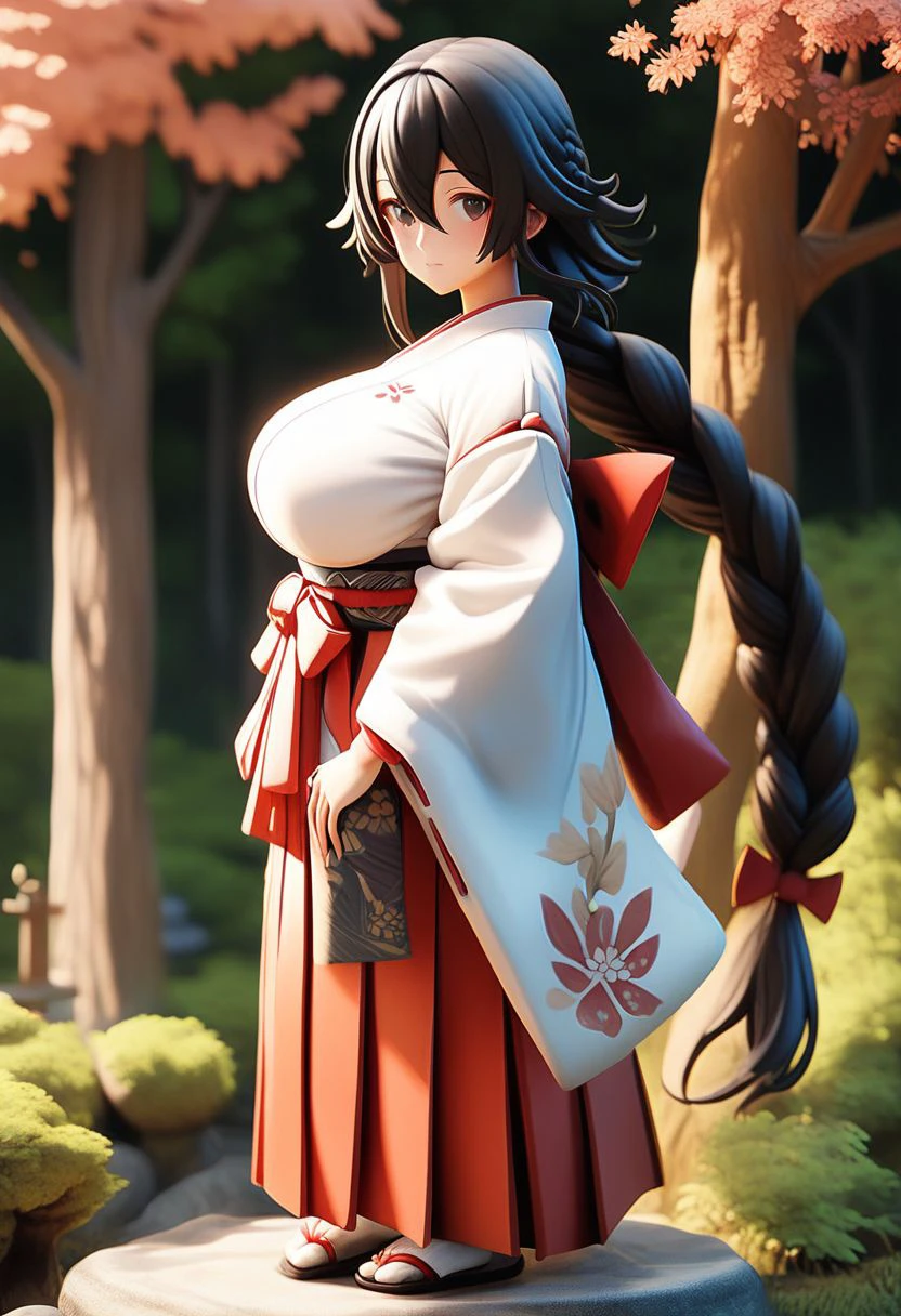 score_9, score_8_up, score_7_up, score_6_up, source_anime, <lora:FIG 0.1v:1>, fig, figurine,
1girl, solo, long hair, looking at viewer, skirt, black hair, long sleeves, huge breasts, hair between eyes, closed mouth, standing, braid, outdoors, japanese clothes, day, wide sleeves, kimono, black eyes, from side, tree, single braid, sunlight, hakama, nature, hakama skirt, forest, white kimono, miko, red hakama, dappled sunlight, shrine, tree shade, stone lantern, very long hair, thick braid,