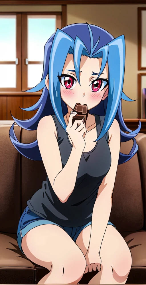 RK, 1girl, solo, blue hair, long hair, red eyes, black tank top, short shorts, blush, eating chocolate, indoors, living room, sitting on couch, close-up, perfect quality, good quality, masterpiece, HDR, UHD, <lora:Rio Kastle:0.7>