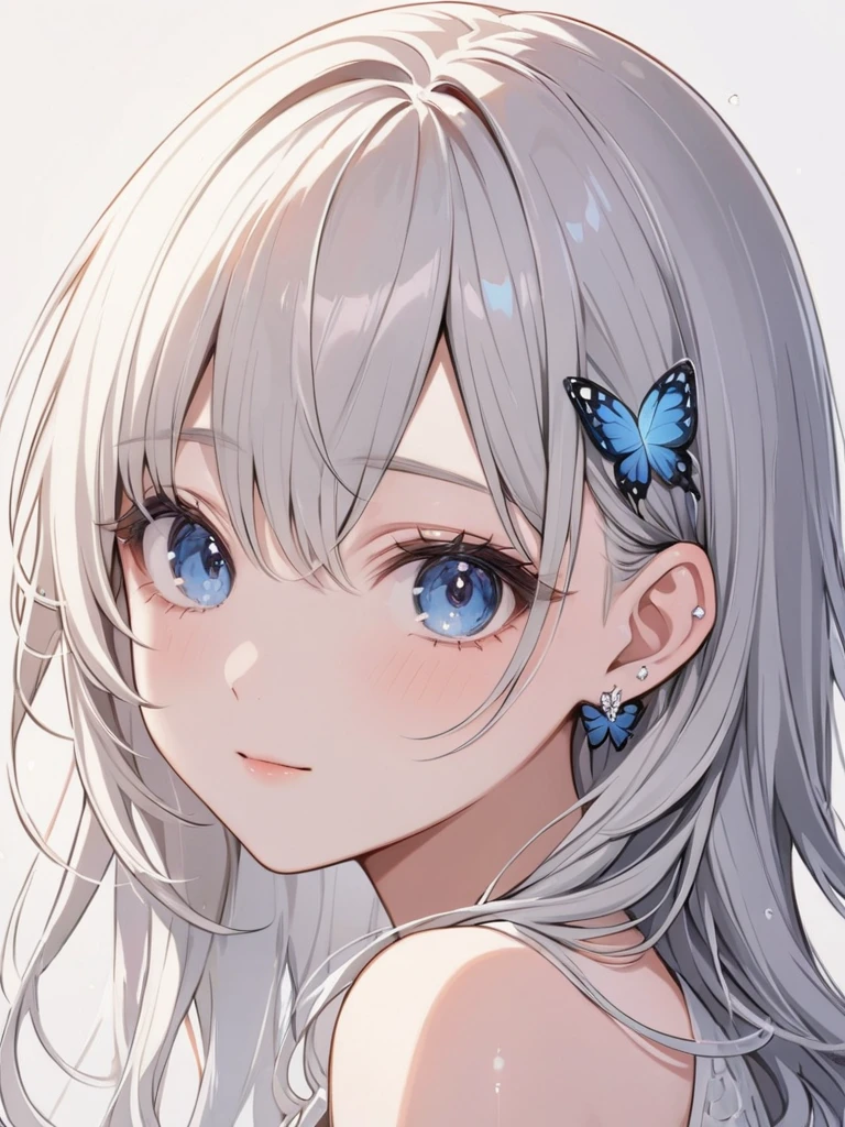 masterpiece,ultra-detailed,best quality,8K,illustration,cute face,clean skin ,shiny hair,girl,ultra-detailed-eyes,simple background, <lora:add-detail-xl:1> <lora:butterfly ear piercing_XL_V1.0:0.8> butterfly ear piercing