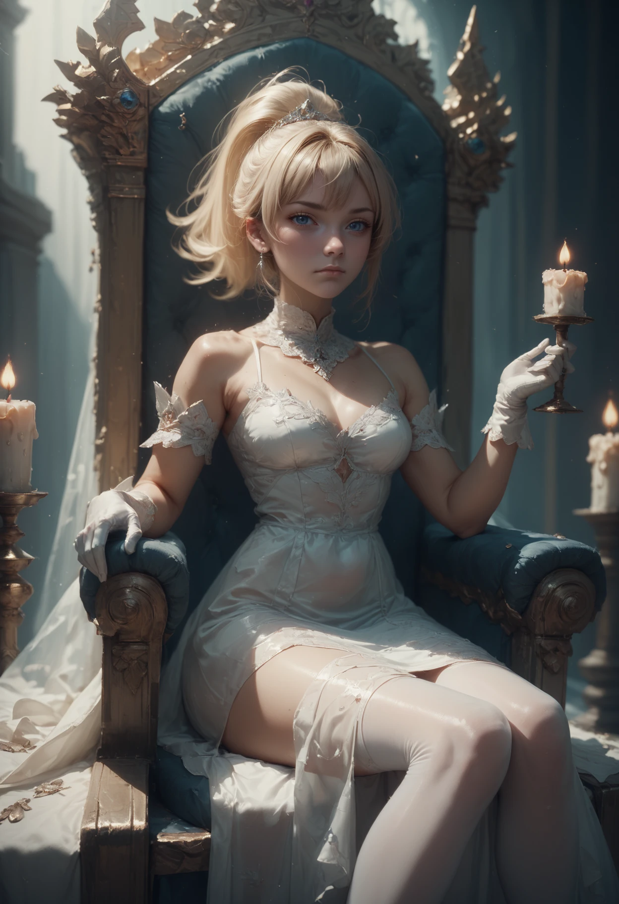 score_9, score_8_up, score_7_up, score_7, score_6_up, score_5_up, a woman wearing a reij-lcdrss01 <lora:lacedress01-000005:1>, sitting on a white throne, white gloves, candle light