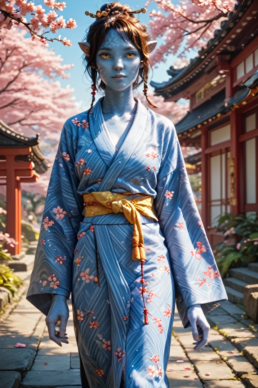 score_9, score_8_up, score_7_up, score_6_up
<lora:AvKiri:1.0>
AvKiri, 1girl, brown hair, blue skin, yellow eyes, looking at viewer, walking in a serene Japanese park with cherry blossoms, yukata, and a hair ornament