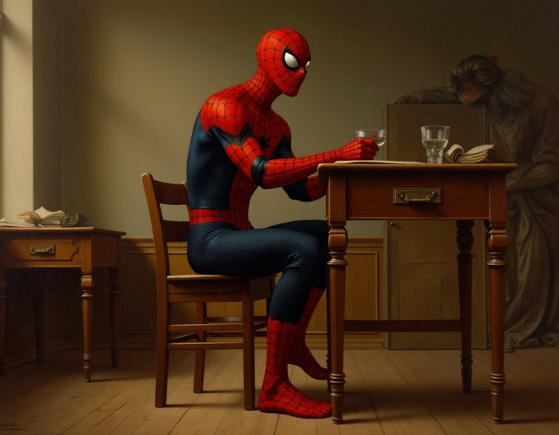 spiderman sitting on a chair in a university class, painting in the style of Leonardo Da Vinci <lora:Leonardo_DaVinci_Style:1>