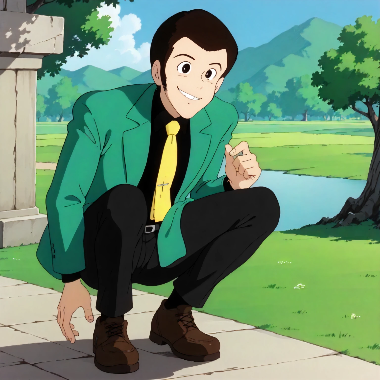 <lora:TCoC_LupinXLpony001>,
outdoors,nature,
looking at viewer,smile,
solo,
Lupin,1boy,black hair,short hair,black eyes,
green jacket,black shirt,yellow tie,open jacket,
black pants,
squatting,