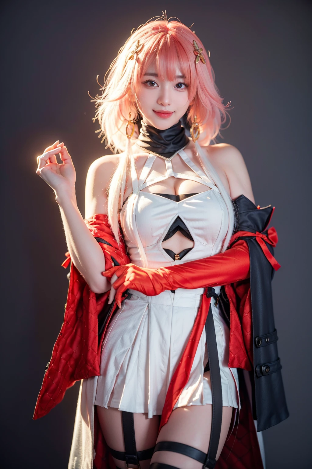 realistic,photorealistic,best quality,masterpiece,highres,8k,RAW photo,ultra-detailed,cowboy shot,1girl,solo,smile,looking at viewer,standing,changli cosplay costume,changli,cosplay,gradient hair,multicolored hair,pink hair,white hair,long hair,dress,bare shoulders,clothing cutout,cleavage cutout,thighhighs,thigh strap,detached sleeves,wide sleeves,single glove,elbow gloves,hair ornament,<lora:WutheringWaves_Changli_cosplay_costume_v1:0.7>,