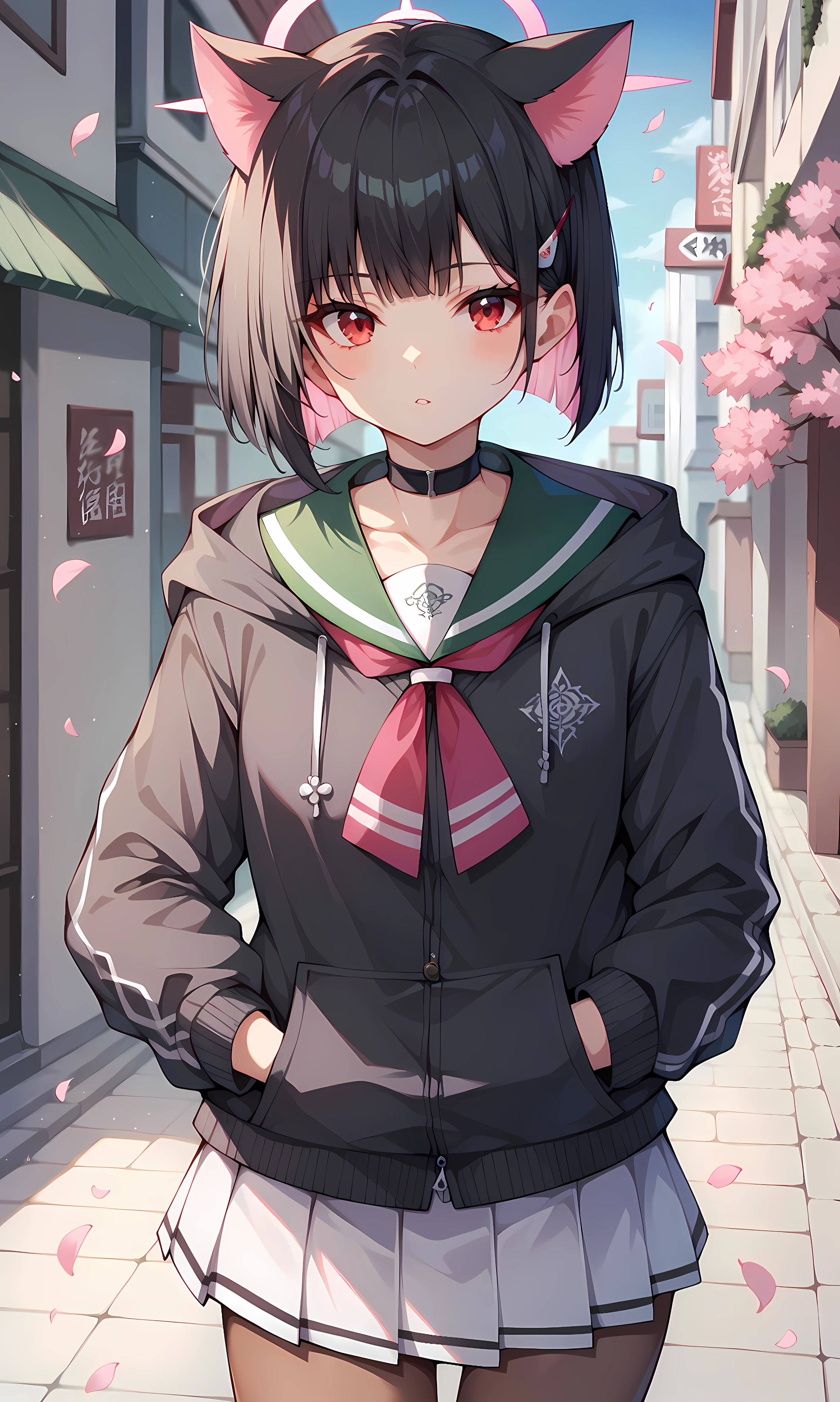 score_9, score_8_up, score_7_up, score_6_up, BREAK source_anime, 1girl, solo, outdoors, street, cherry blossoms, cowboy shot, standing, looking at viewer, kazusa, red eyes, black hair, colored-inner hair, short hair, blunt bangs, hair clip, cat ears, choker, halo, black hoodie, long sleeves, green sailor collar, pink neckerchief, white skirt, pleated skirt, miniskirt, brown pantyhose, sneakers 