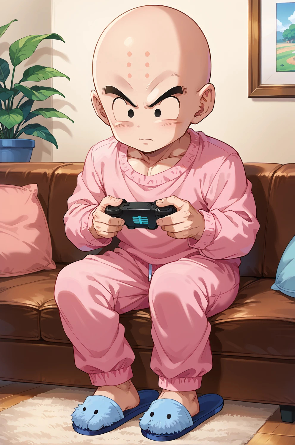 score_9, score_8_up, score_7_up,kuririn,1boy,solo,muscular male, bald, black eyes,no nose, no sclera, sitting, indoors, couch, holding gamepad, full body, looking ahead,on couch,pastel blue slippers,pink pajamas,pink top, long sleeves, (from the side:0.6, facial mark:0.7), <lora:KrillinPony:1>