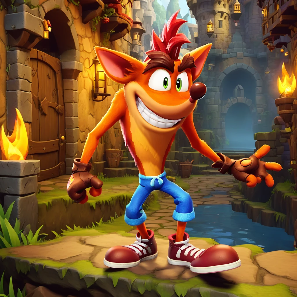 Crash Bandicoot inside a castle, lively and mischievous, wearing his signature blue pants and red shoes, colorful and textured fur, castle interior with medieval architecture, stone walls, torch-lit corridors, wooden beams, carved stone statues, dimly lit with flickering torches casting dynamic shadows, adventurous and whimsical atmosphere, vibrant and detailed cartoon style, high-definition rendering, balanced lighting