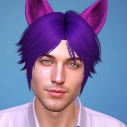 vdffflx, animal ears, solo, purple hair, realistic, male focus, 1boy, fox ears, green eyes, looking at viewer, freckles, lips, shirt, smile