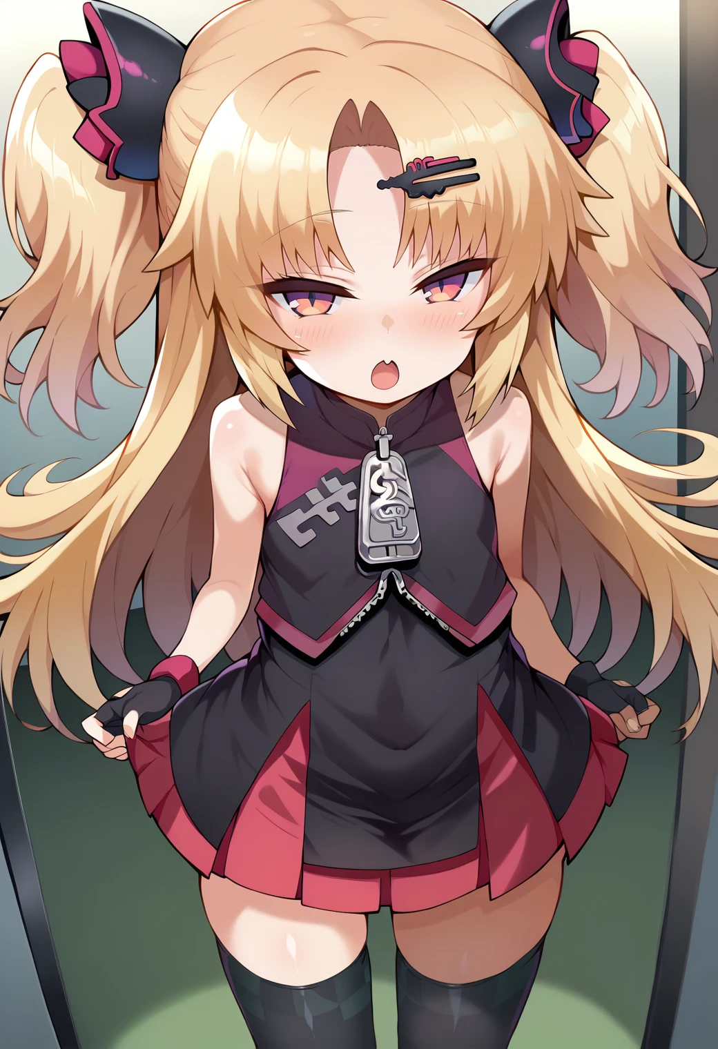 score_9, score_7_up, hd, (ultra hd quality details), source_anime, indoors,
solo, 1girl, akunibase, long hair, two-side up, hairclip, hair ornament, parted bangs,
ak1dress, black dress, sleeveless, pleated dress, black gloves, partially fingerless gloves, black thighhighs, checkered legwear, zipper pull tab,
looking at viewer, blush, open mouth, fang,
standing,
<lora:_shimejinameko_style-elesico-pony-17:1> <lora:_akatsuki_uni-elesico-pony-05:1>