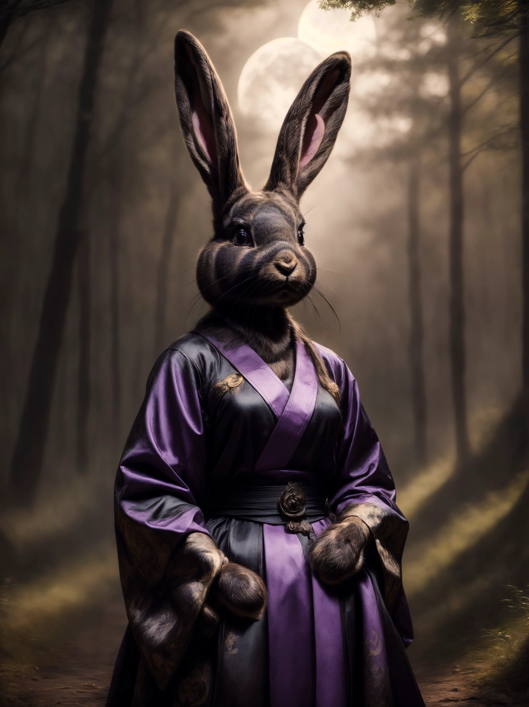 ((best quality)),((masterpiece)),(detailed),(realistic),(8k), (4k), (1girl, solo:1.3),
((((black rabbit:1.4) AND (girl:0.5)), antho, anthropomorphic:1.3), black rabbit girl, rabbit ears, rabbit face, rabbit nose, purple kimono, in a clearing, in a forest, under the light of the full moon, during a dark night:1.3), 
A masterpiece of a scene unfolds, captured with breathtaking detail and realism in 8K quality. In the heart of a mystical forest, a beautiful black rabbit girl stands alone, wearing a stunning purple kimono. Her ears and face are those of a rabbit, with a pert nose, as she gazes upwards under the silvery glow of the full moon on a dark night. Framed by the surrounding trees, her solo pose exudes quiet contemplation amidst the enchanting forest atmosphere., <lora:Furtastic_Detailer:2.0>, <lora:GoodHands-beta2:1.0>, <lora:realistic:1.0>, <lora:281ecb59-3c8d-468d-8676-8cc10860bc6f:0.7>