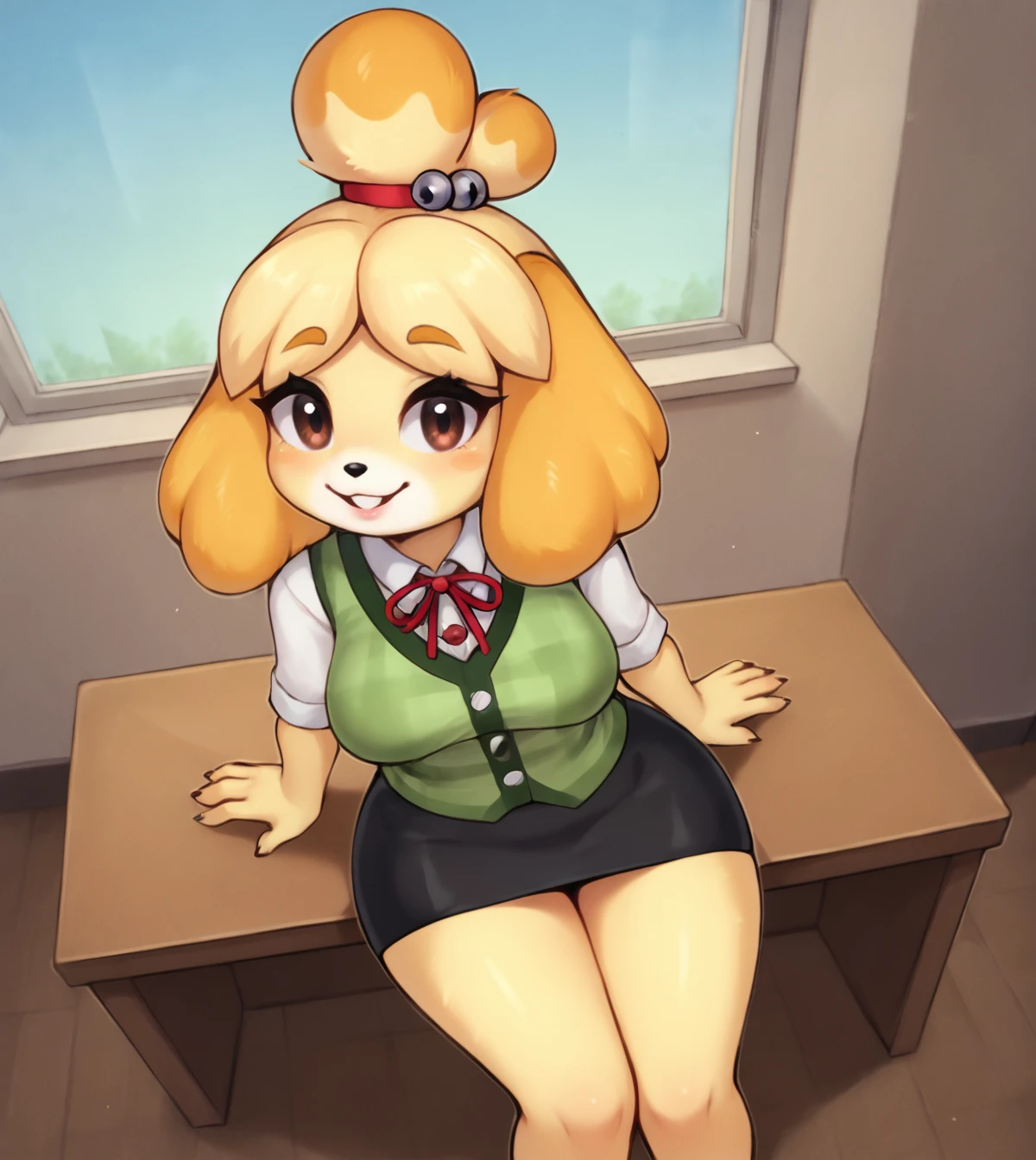 score_8_up, score_9_up, female, furry, isabelle from animal crossing, sitting on desk, high angle view, office desk, window, solo, seen from above and to the left, <lora:pony_good_hands:1><lora:Tealsick_Artist_Style_-_PonyXL:0.7>