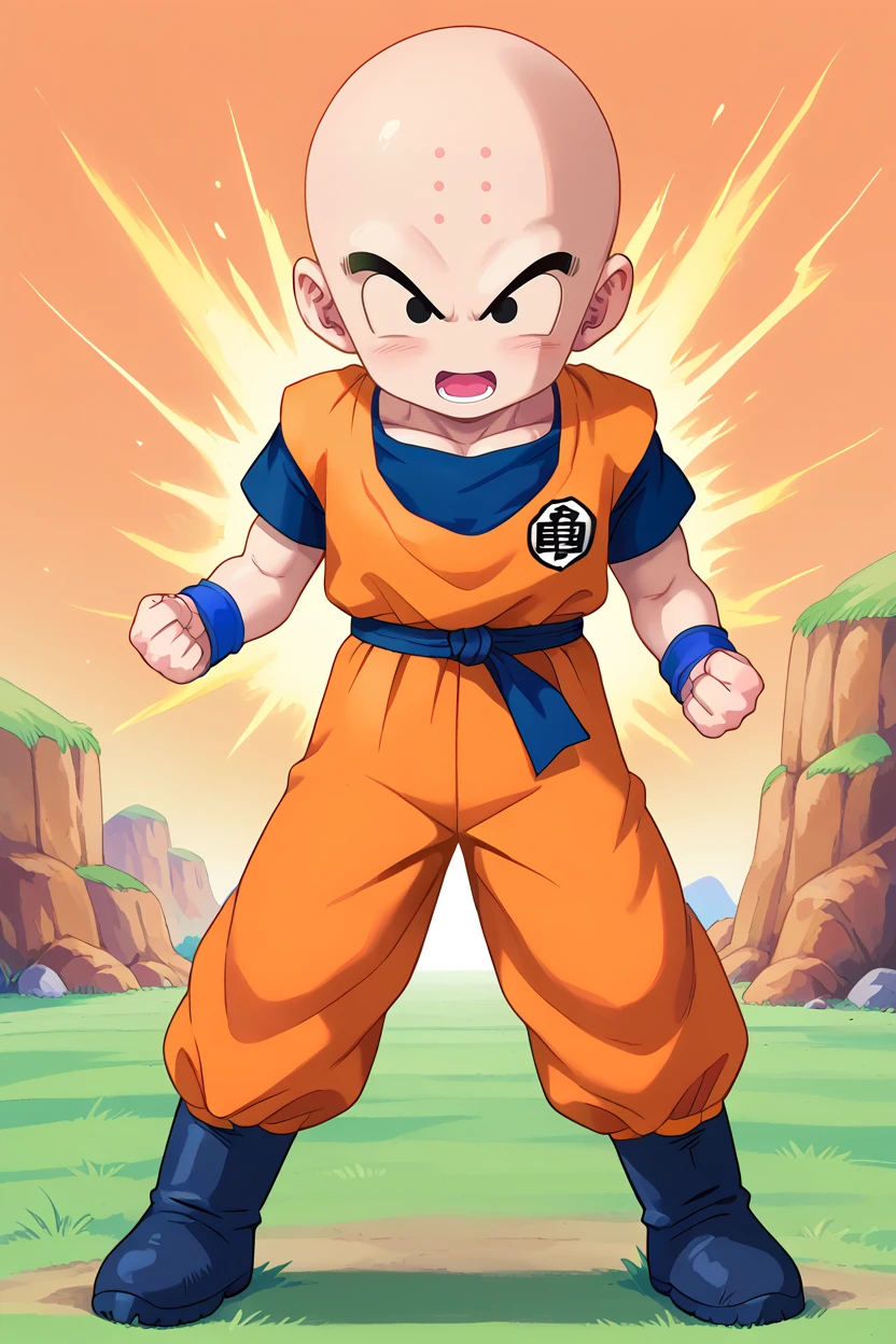 score_9, score_8_up, score_7_up, BREAK kuririn, 1boy, solo,cowboy shot, bald, black eyes,no sclera, no nose,martial arts clothes, orange vest, orange pants, dark blue shirt, dark blue sash, blue wristband, black boots, black badge, legs apart, clenched hands, open mouth, aura,vest,(forehead mark:0.6), (from side:0.7), looking at viewer,short sleeves, outdoors, nature, break wasteland, plateau,grass,. full body,  <lora:KrillinPony:1> <lora:BreakWastelandPony:0.6>