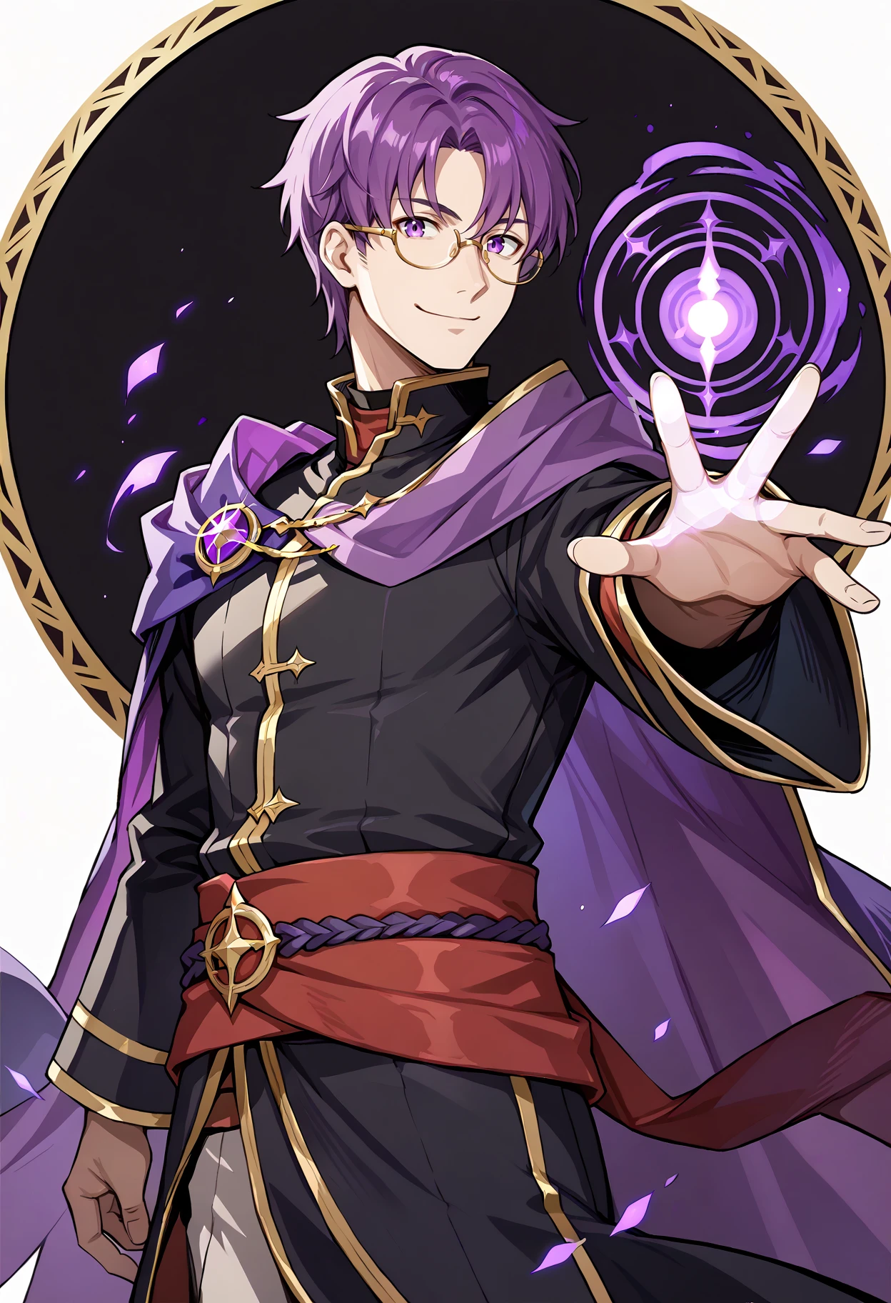 score_9,   score_7_up, mlcns, 1boy, black robe, purple cape, purple eyes, purple hair, (monocle:1.2), red sash, gold trim,   simple background, closed smile, looking at viewer,   <lora:Canas-pdxl:0.8>, magic, bangs, circle frame eyewear